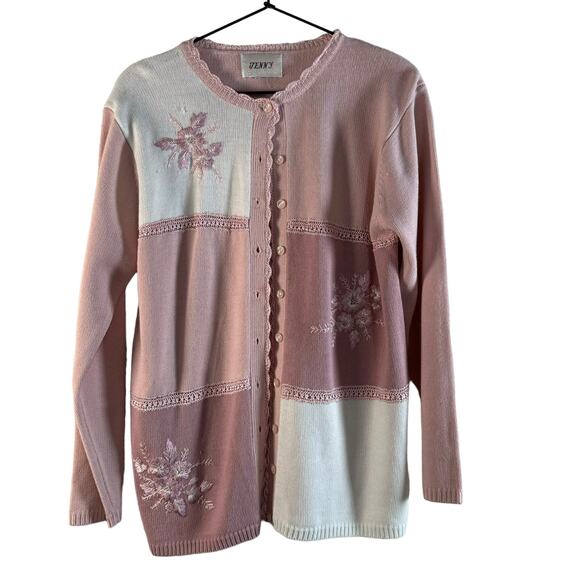 Vintage Jenny Embroidered Patchwork Pink Button Up Cardigan Long Sleeve M - Picture 1 of 6